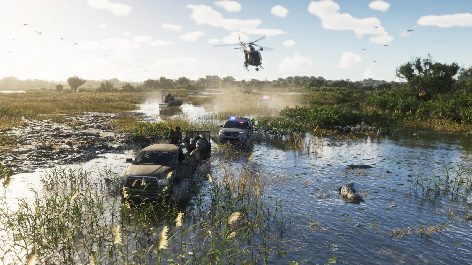 Ein Airboat rast über den Grassrivers-Sumpf in GTA 6, während ein Hubschrauber darüber abdreht