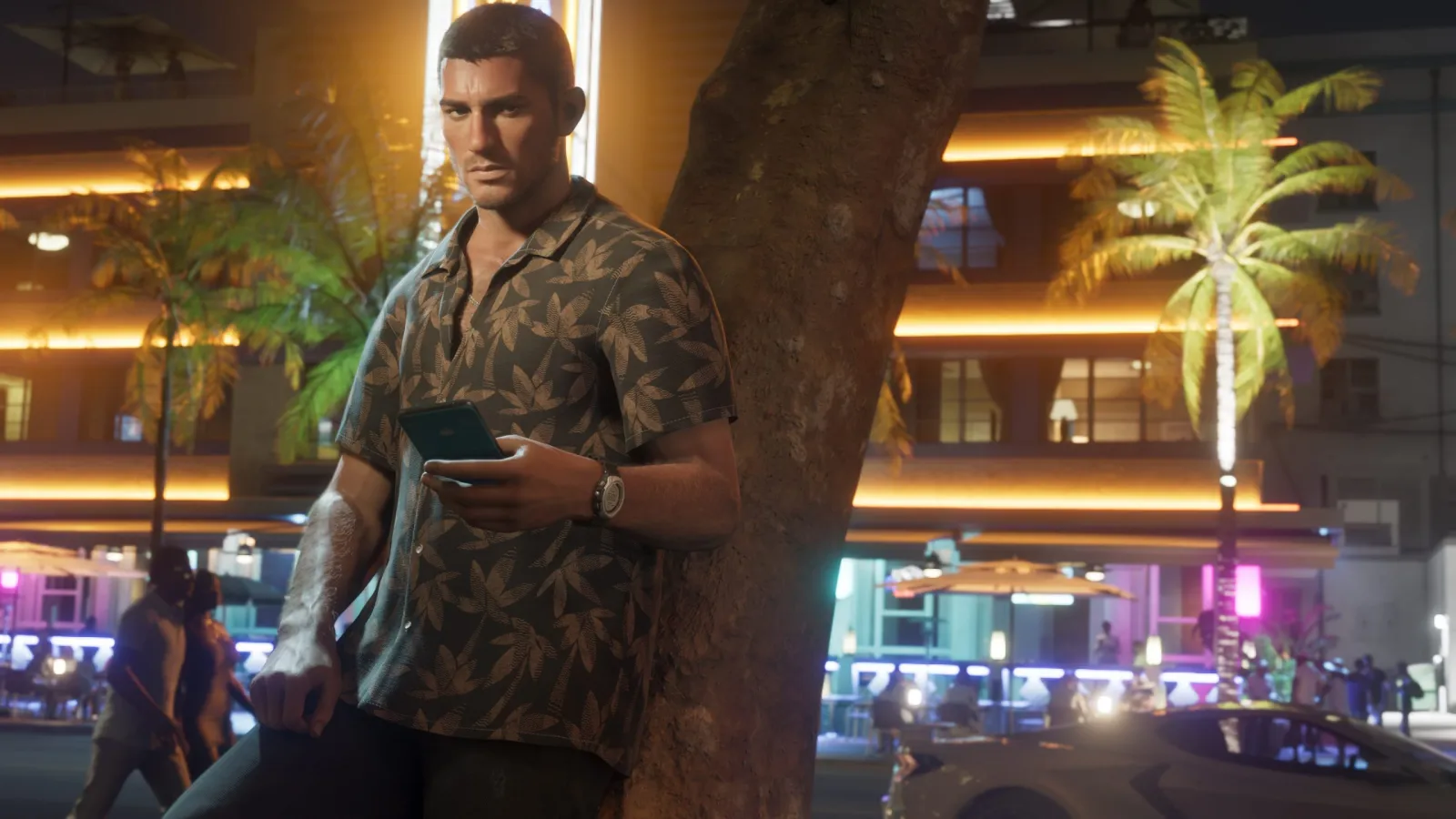 Jason from GTA 6 in a tank top at a neon-lit bar in Vice City at night