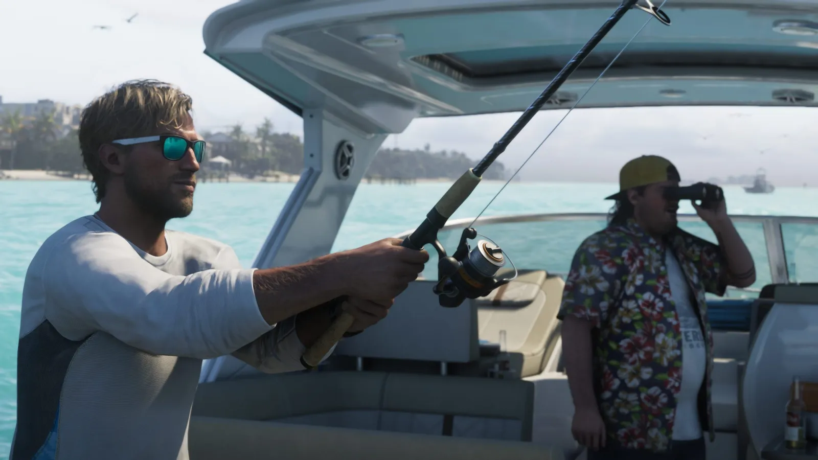 Jason Duval beim Angeln von einem Boot auf türkisem Wasser in den Leonida Keys in GTA 6