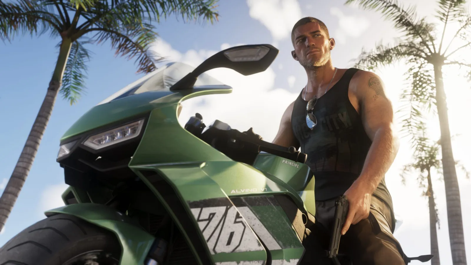 Jason und Lucia aus GTA 6 zusammen auf einem Motorrad auf einer Neonstraße bei Nacht