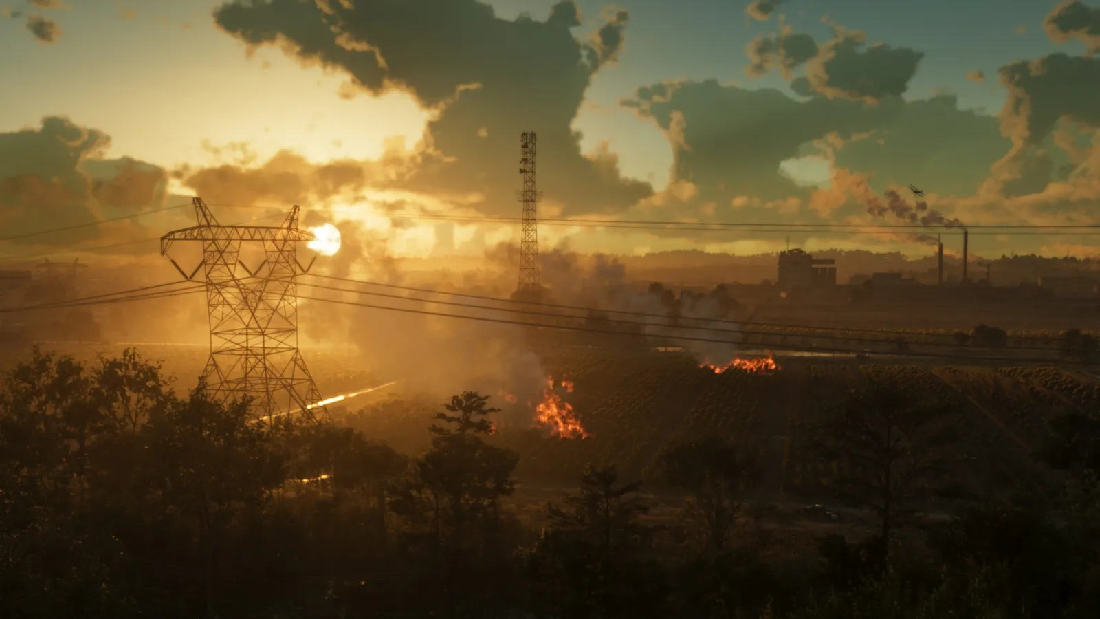 Eine goldene Leonida-Landschaft zur goldenen Stunde in GTA 6, mit Strommasten, Ackerland und einem Sprühflugzeug