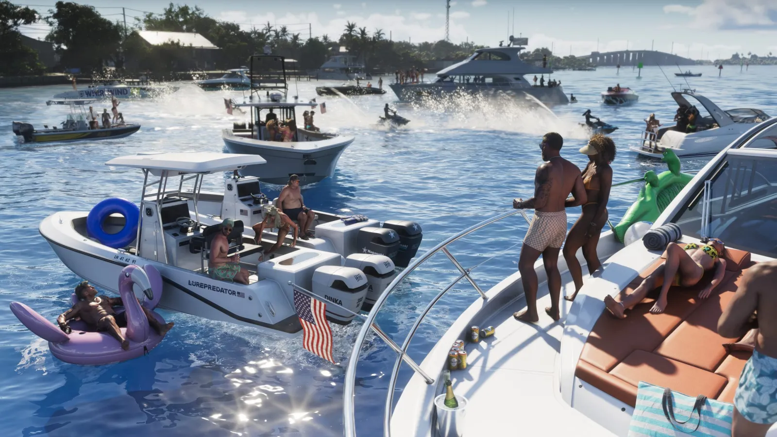 Feiernde Menschen auf zusammen vertäuten Booten auf türkisem Wasser der Keys in GTA 6
