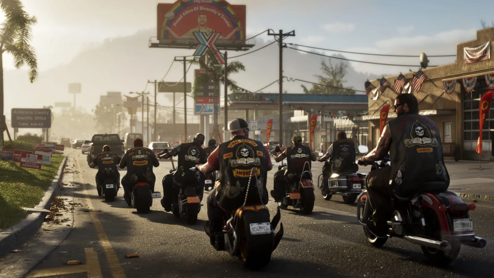 Une bande de motards descendant la rue principale d'une petite ville de Leonida dans GTA 6