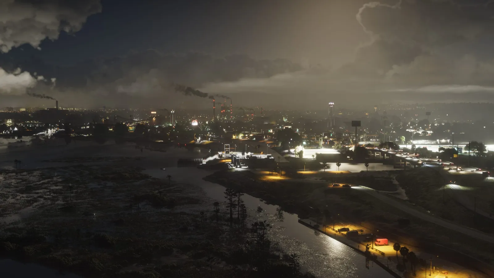 Eine düstere nächtliche Luftaufnahme einer industriellen Leonida-Stadt in GTA 6, mit Schornsteinen, Feuchtgebieten und beleuchteten Highways