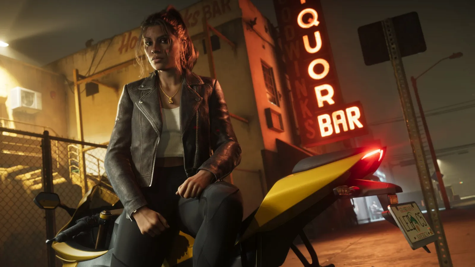 Lucia Caminos, one of GTA 6's two protagonists, on a motorcycle outside a neon liquor bar at night