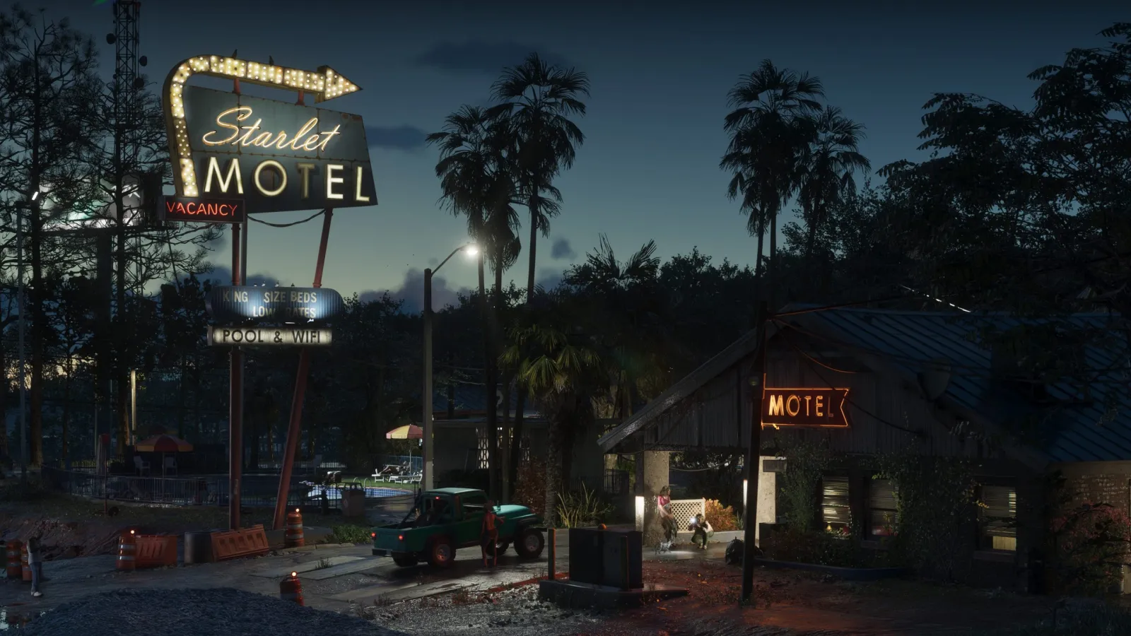 Retro neonowy szyld Starlet Motel świecący o zmierzchu w Port Gellhorn w GTA 6