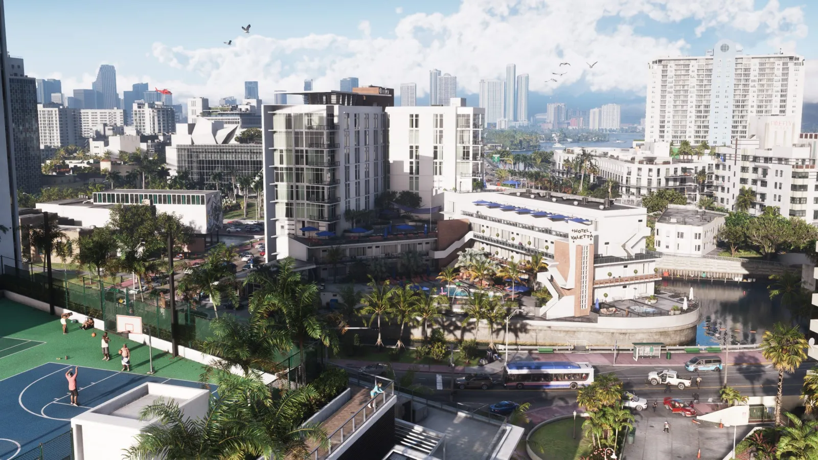 Luftaufnahme von Vice City bei Tag in GTA 6, dichte Blöcke und die ferne Downtown-Skyline