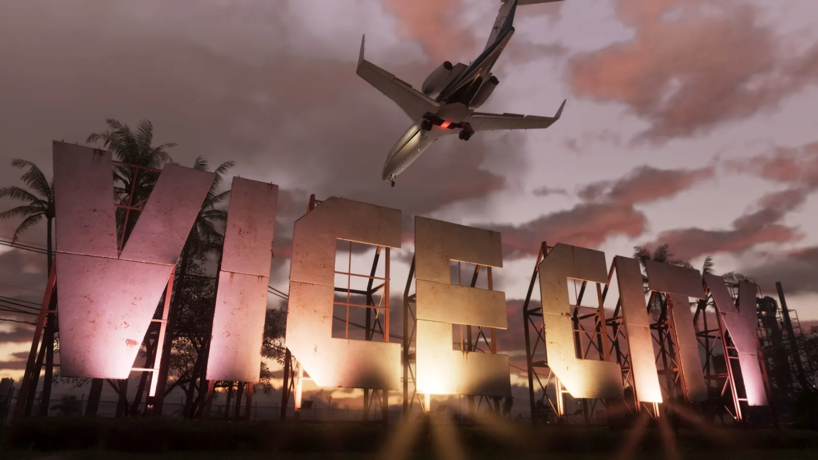 Das riesige Vice-City-Schild bei Sonnenuntergang in GTA 6 beleuchtet, mit einem tief überfliegenden Jet