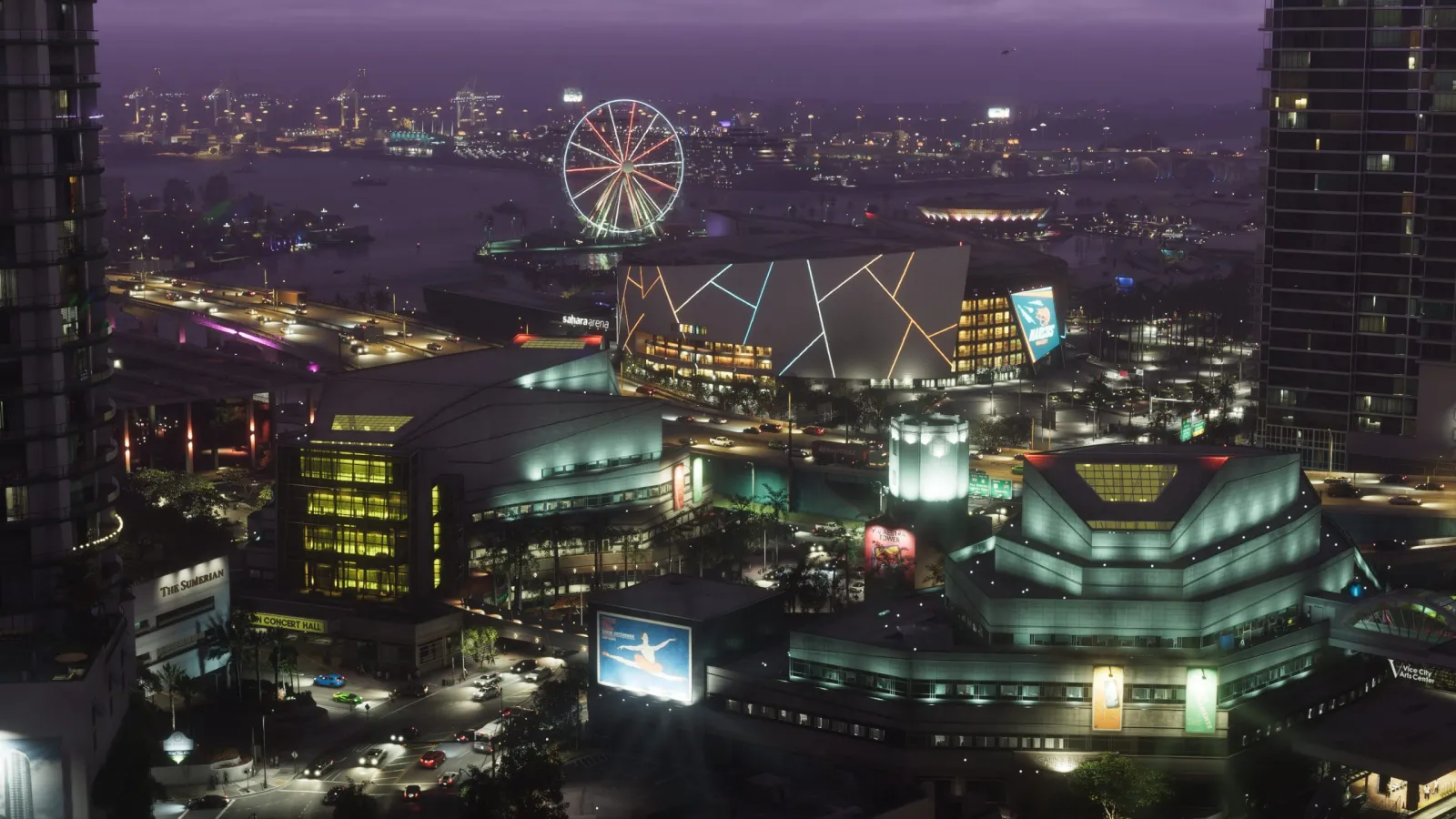 Nocny widok z lotu ptaka na panoramę Vice City w GTA 6, z rozświetlonym diabelskim młynem i lśniącym nabrzeżem